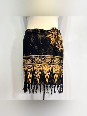 Vintage Batik Wrap Skirt Fringe Black Brown Short Mini Sun Small-Medium 1990s